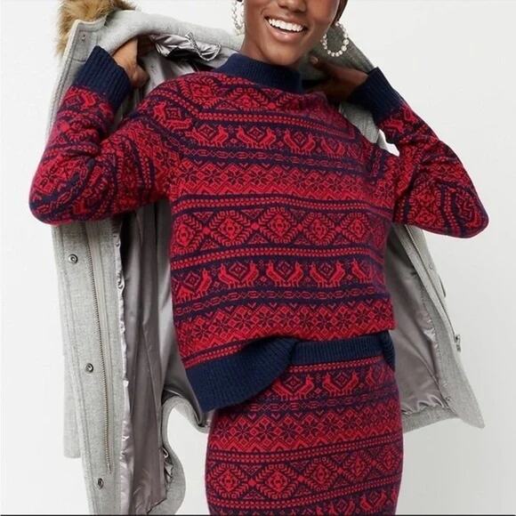 J. Crew Cheerful Fair Isle Sweater Mock Neck Red Birds Snowflakes Women Small - Picture 9 of 13